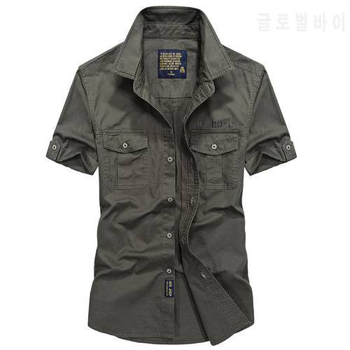 Men&39s Summer Short Sleeve cotton Shirts Solid Cargo military Army Pocket Work Shirts Breathable Cool Tops clothing Plus Size 4XL