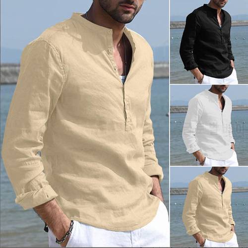 Men&39s Long Sleeve Buttons Collar Shirts Cotton Linen Casual Breathable Comfort Shirt Fashion Style Solid Male Loose Streetwear