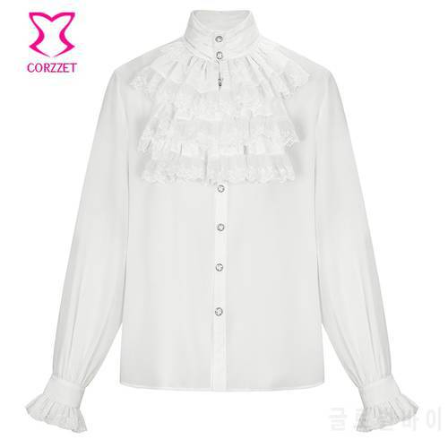Steampunk White Lace Ruffled Stand Collar Long Sleeve Victorian Vintage Shirt Men Gothic Renaissance Medieval Shirt Plus Size