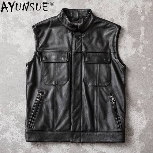 AYUNSUE Men Jacket New 2020 Mens Clothing Real Cow Leather Vest Autumn Men&39s Jackets Motocycle Vests Male Hommes Veste LXR387