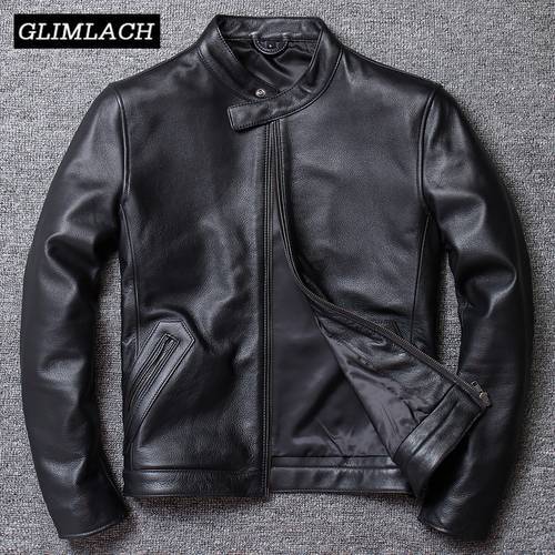 Casual Leather Jacket Men Slim Stand Collar Genuine 100% Cowhide Real Leather Large Size 5XL Motorcycle Jacket Biker Coat Male