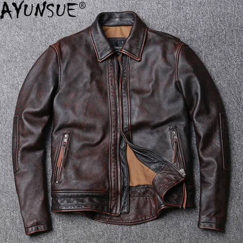 AYUNSUE Leather Jacket Men Vintage Cowhide Genuine Leather Coat Motorcycle 100% real Cow Jacket Slim Fit clothes 2020 KJ4707