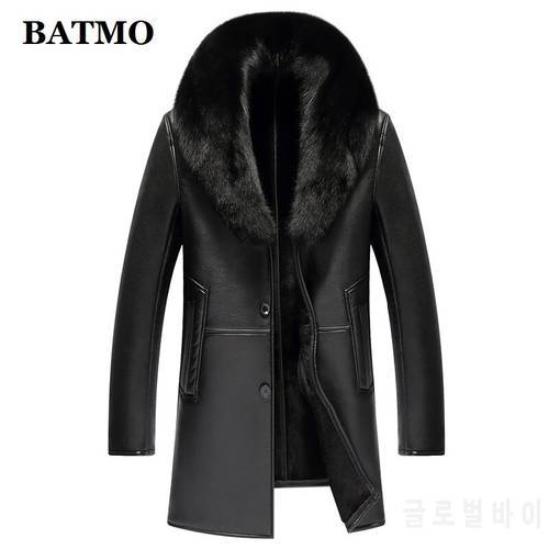BATMO 2022 new arrival winter natural leather trench coat men,fox fur collar rain coat men 8889