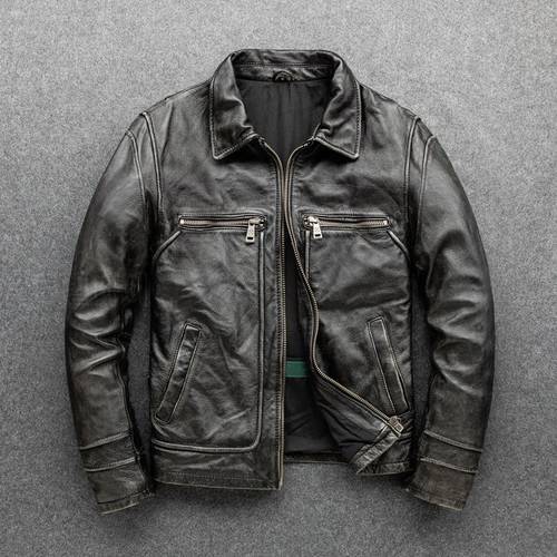 GU.SEEMIO Vintage Men Leather Jackets Cowhide Motorcycle Genuine Leather Motor Biker Clothing Distressed Leather Coat