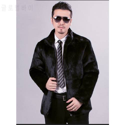 Real genunie natural rabbit fur coat men fashion stand collar jacket closed with zip warm winter custom any size