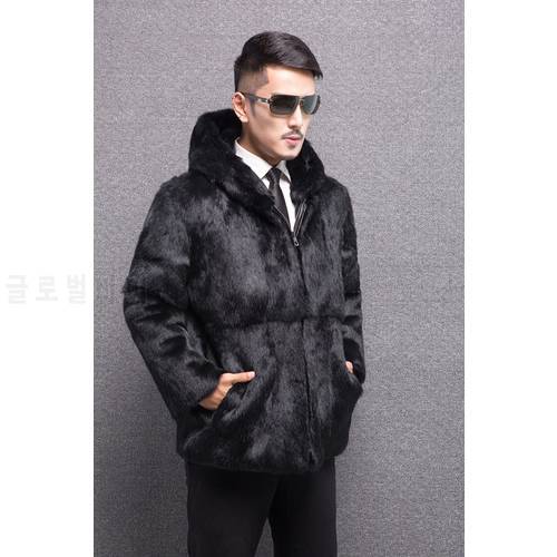 Real genunie natural rabbit fur coat with hood men fashion jacket warm winter custom any size