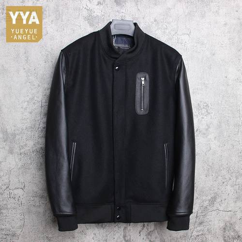 Men 100% Genuine Leather Jacket Woolen Patchwork Loose Stand Collar Jacket Street Zip Black Bomber Outerwear Plus Size 6XL