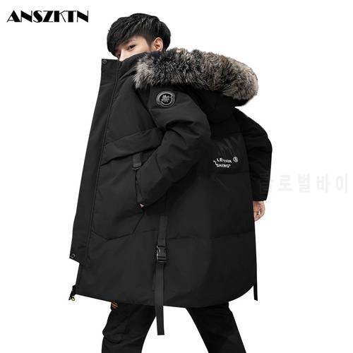 Winter Down jacket men&39s medium and long hooded coat warm and comfortable thick coat with fur collar