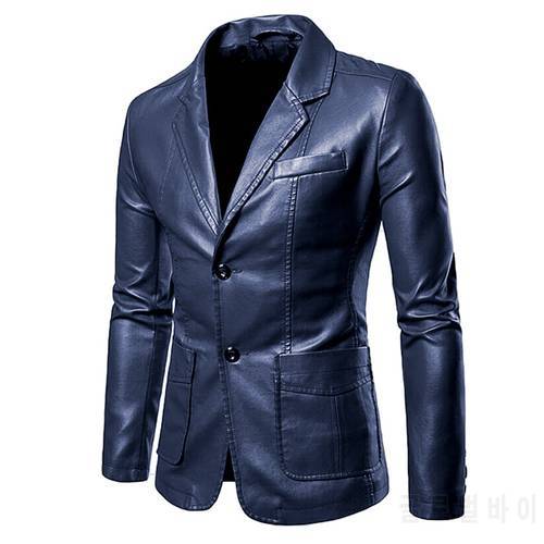 Men&39s Leather Jacket Suit Slim Fit Fashion Business Casual Blazer Jacket Solid Color Men Coat