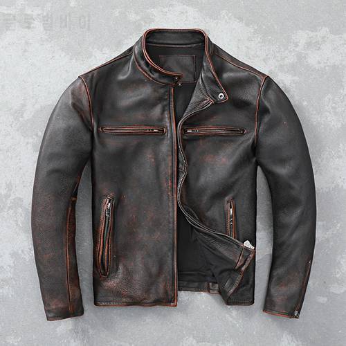Free shipping.Wholesales.Vintage style dark brown leather jacket.quality biker cowhide coat.rider slim motor leather clothes
