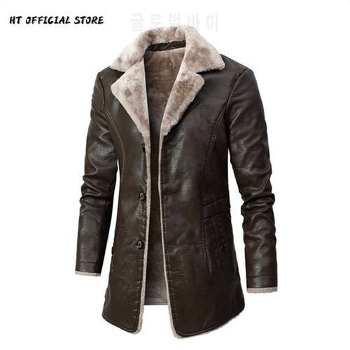 PU Leather Jacket Men Long Style Solid Men&39s Streetwear Fleece Casual Mens Clothing Porckets Breasted Leather Coat Outwear