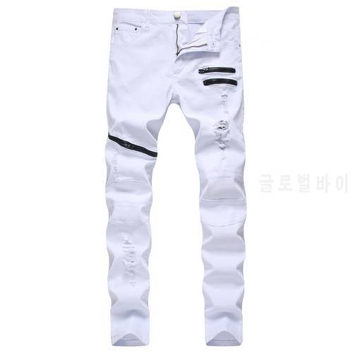 New Fashion Men Casual Slim Jeans Solid Color High Waist Ripped Trousers Close-Fitting Pencil Pants Black/White/Red
