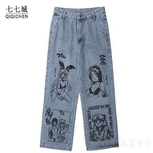 Anime Girl Printed Jean Pant Men Japanese Cartoons Hip Hop Harem Trousers Harajuku Streetwear Loose Wide Leg Casual Denim Pants