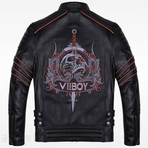 2020 New Men&39s Skull Embroidery Motorcycle Leather Jacket Punk Fashion Black Stand Collar Genuine Thick Cowhide Slim Fit Coats