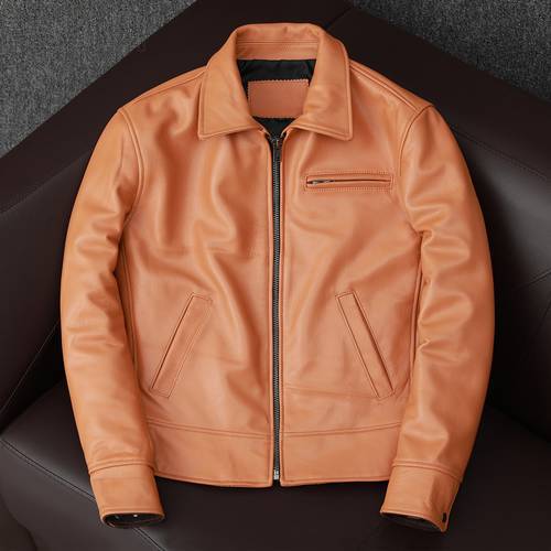 Free shipping.New genuine Leather jacket.orange casual slim cowhide coat.plus size mens leather clothing.winter leather clothes