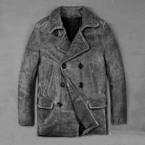 2020 Men Vintage Gray Motorcycle Leather Jacket 100% Genuine Thick Cowhide Male Suit Coats M-XXXL