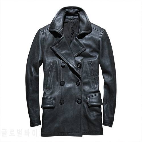Factory 2019 New Men Vintage Black Cow skin Genuine Leather Jacket Smart Casual Cowhide Double breasted Jacket Winter Coats