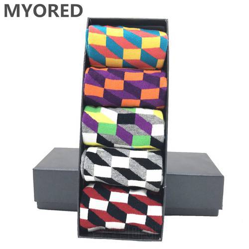 MYORED 5 pair/lot mens socks cotton colorful funny crew socks long vibrant sock for man business dress wedding gift socks NO BOX