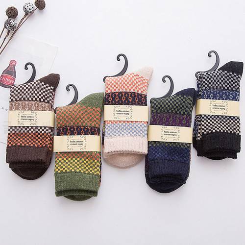 5 pair Mens Vintage Ethnic Woolen Warm Long Socks Checked Striped Geometric Ribbed Knit Winter