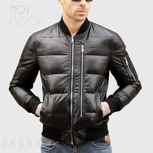 Men winter warm black genuine leather real lambskin duck down bomber jackets coats plus size jaqueta de couro deri ceket LT2446