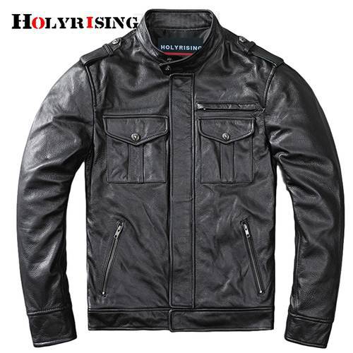 Holyrising Men Cow Leather 5XL мужские пиджаки Stand Collar куртка мужская Pocket Erkekler Ceket Zipper Black Motorcycle Jackets