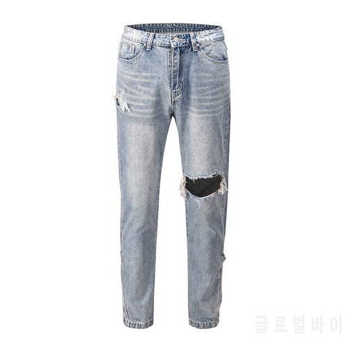 Ankle Button Hole Washed Jeans for Men High Street Retro Stragith Casual Denim Trousers Oversize Hip Hop Baggy Ripped Jean