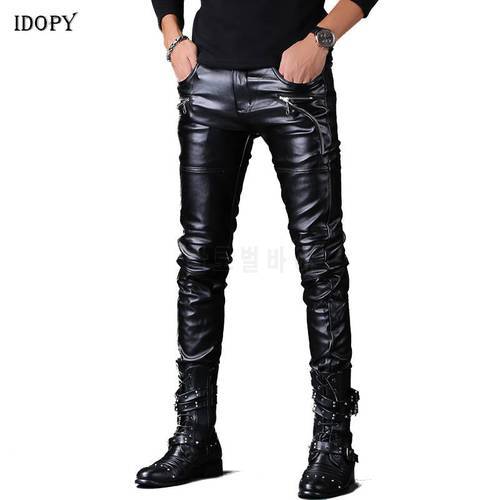 Idopy Men`s Faux Leather Pants Punk Style Skinny Zippers Night Club Motorcycle Black PU Leather Soft Trousers