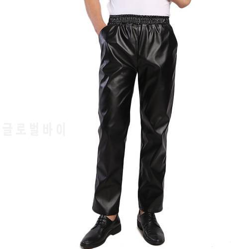 Idopy Men`s Business Regular Fit Stretchy Comfy Black Solid Faux Leather Pants Jeans Trousers Slacks Elastic Waist For Male