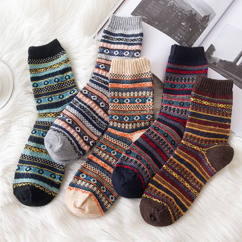 5 Pairs/Lot Men`s Thermal Crew Socks Retro Ethnic Style Male Winter Autumn Spring Warm Terry Thick Work Socks