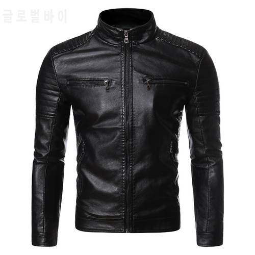 2021 Autumn and Winter New High Quality Fashion Trend Zipper Pocket Motorcycle Stand Collar Slim Ruched Men&39s Leather Jacket