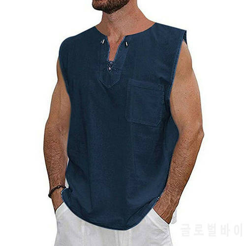 Fashion Summer Mens Cotton Linen T Shirt Sleeveless Linen Henley Tops Casual Loose Tee Casual Breathable Soft