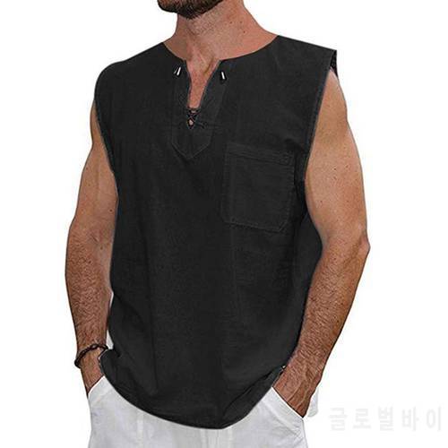 Summer Tank Tops Men Cotton Linen Drawstring V Neck Sleeveless Shirt Tank Top