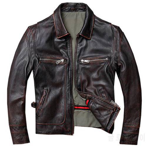 Old Fashion US Mens Cow Leather Jacket Trench Coats Automotive Mans Genuine Leather Jacket High Street Overcoats Streetwear A788