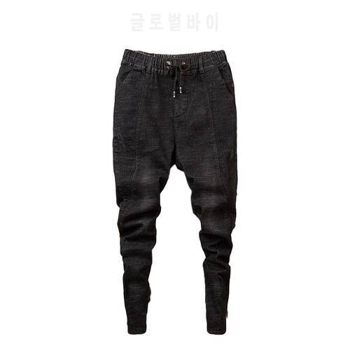 Idopy Fashion Men`s Harem Jeans Elastic Waist Drawstring Hip Hop Street Black Denim Joggers Pants