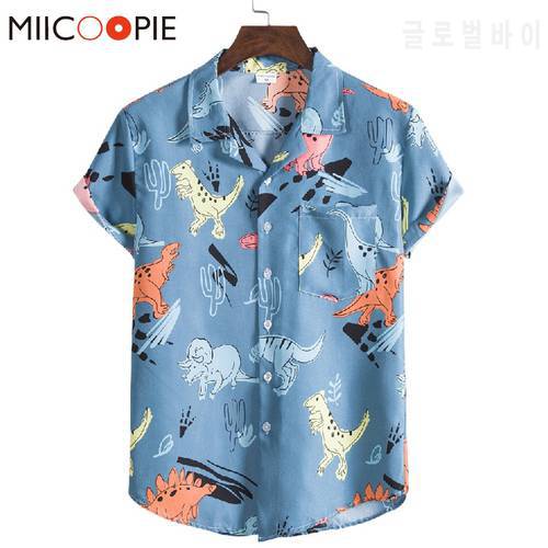 2021 Fashion Men Harajuku Shirt Casual Beach V-Neck Short Sleeve Mens Shirts Tops Summer Dinosaur Printed Hawaiian Camisa Hombre