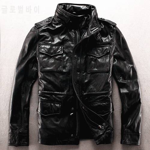 Army overcoat genuine leather clothing M65 outerwear cow leather jacket male plus size plus big size leather rider jacket