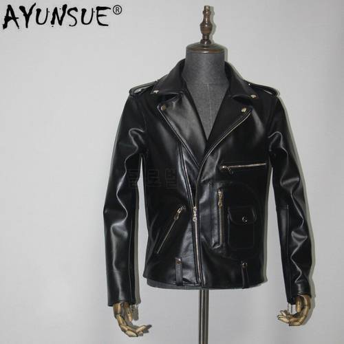 AYUNSUE Real Horsehide Leather Jacket Men Short Genuine Leather Coat Man Vintage Biker Motorcycle Jacket Plus Size J24 KJ4716