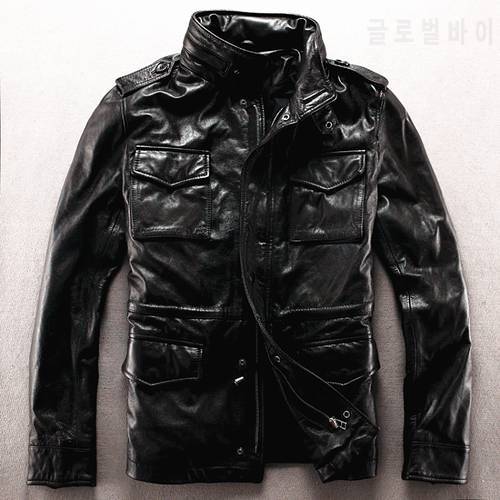 Army overcoat genuine leather clothing M65 outerwear cow leather jacket male plus size plus big size leather rider jacket