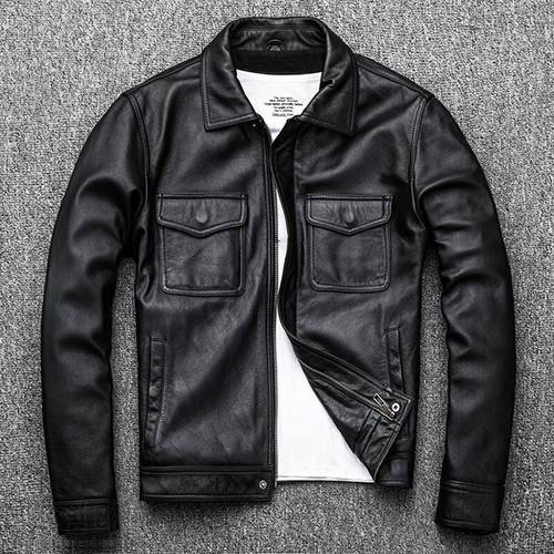 2020 Black Genuine Cow Leather Jacket Men Motorcycle Cowhide Real Leather Short Slim Biker Coat Casual Bomber Flight Jacket Male