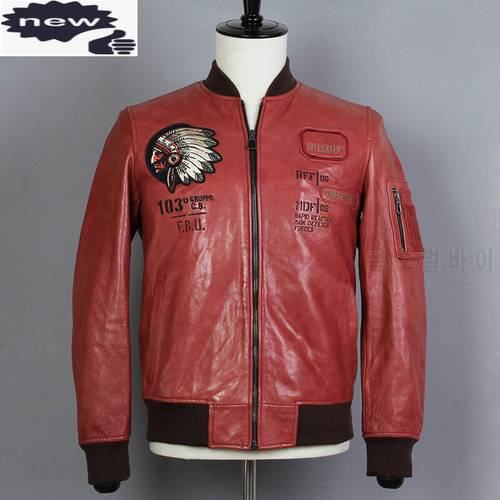 2021 Fashion Sheepskin Embroidery Pattern Genuine Leahter Jacket Men Red Baseball Coat Real Leather Motorcycle Clothing