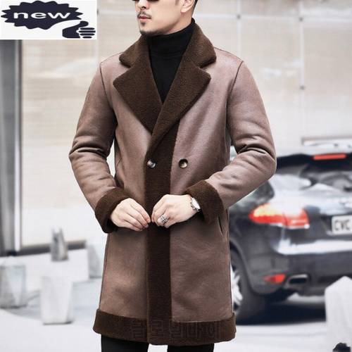 New Business Man Real Fur Jacket Double Breasted Reversible Overcoat Mens Natural Wool Long Coat Slim Fit Warm Shearling Jackets
