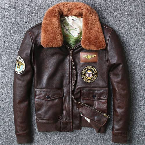 DHL Free Shipping Men Vintage Leather Jacket Top Quality Fur Collar Calfskin Flight Jacket Real Leather Jacket Male Winter Coat