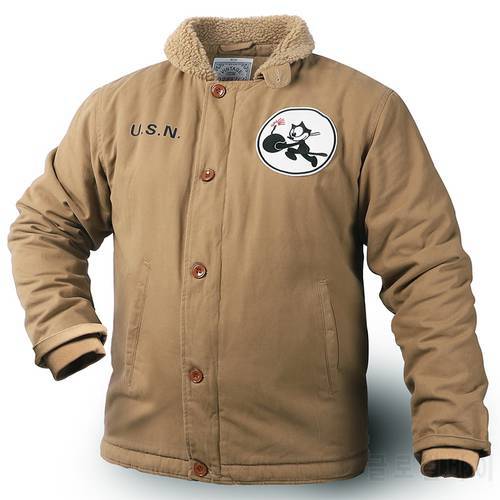 N1 US NAVY Thick Winter Mens Sherpa Fleece Deck Jacket with VF-3 Felix Embroidered Patch
