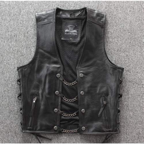 BONJEAN Mens Genuine Leather Rock Vests Metal Chain Biker Vest Motorcycle Sleeveless Real Leather Jackets Adjustable Lacing