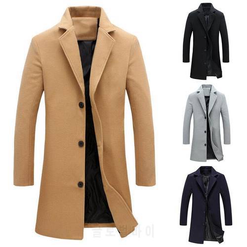 Fashion Men Winter Solid Color Single Breasted Lapel Long Coat Jacket Overcoat Men&39s long winter solid color fleece coat