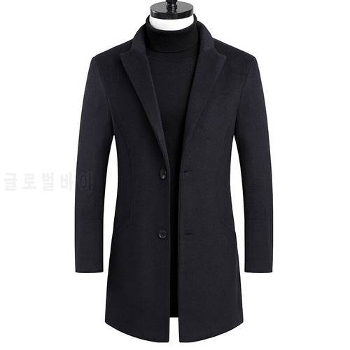Men&39s Business High Quality Long Lapels Solid Color Simple Wool Jacket / Male Warm Woolen Clothes Blends Trench Coat