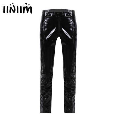 Mens Clothing Fashion Moto Pants Leather Zipper Crotchless Pants Wet Look Nightclub Performance Costumes Wet Look Trousers