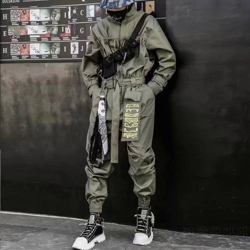 LACIBLE Hip Hop Streetwear Jumpsuits Men Ribbon Embroidered Cargo Pants Long Sleeve Rompers Joggers Techwear Overall Suit Men