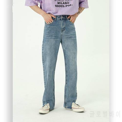 Jeans Men Hem Broken Split Vintage Fashion Streetwear Casual Straight Denim Jeans Pant Male Japan Korean Denim Trousers