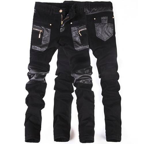 Zipper Splicing leather pants Long Pencil Pants Jeans Slim Spring Hole Men&39s Fashion Thin Skinny Jeans Men Hiphop Trousers